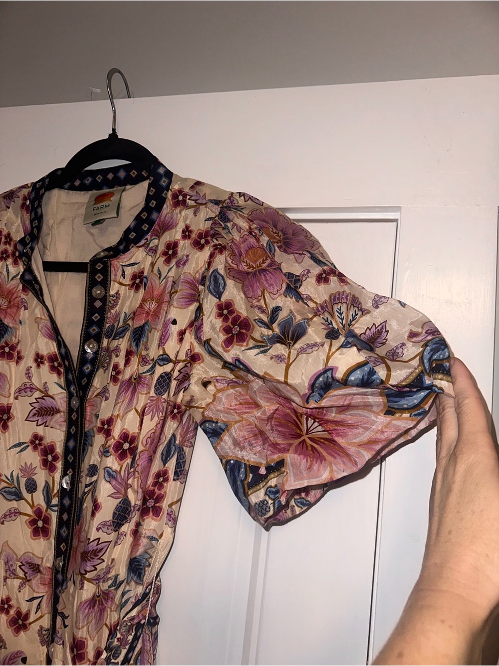 Farm Rio Size Small Floral Cotton-Blend Short Dress with BeadedBelt - Pink Flora - Picture 4 of 14